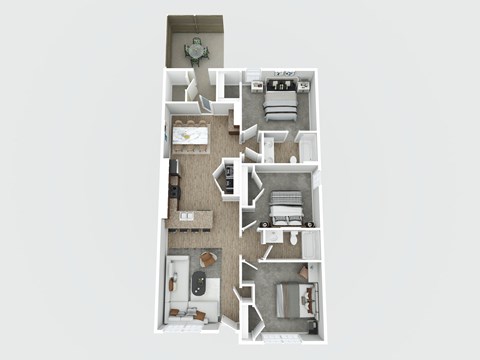 A floor plan of an apartment with a living room, kitchen, and two bedrooms.